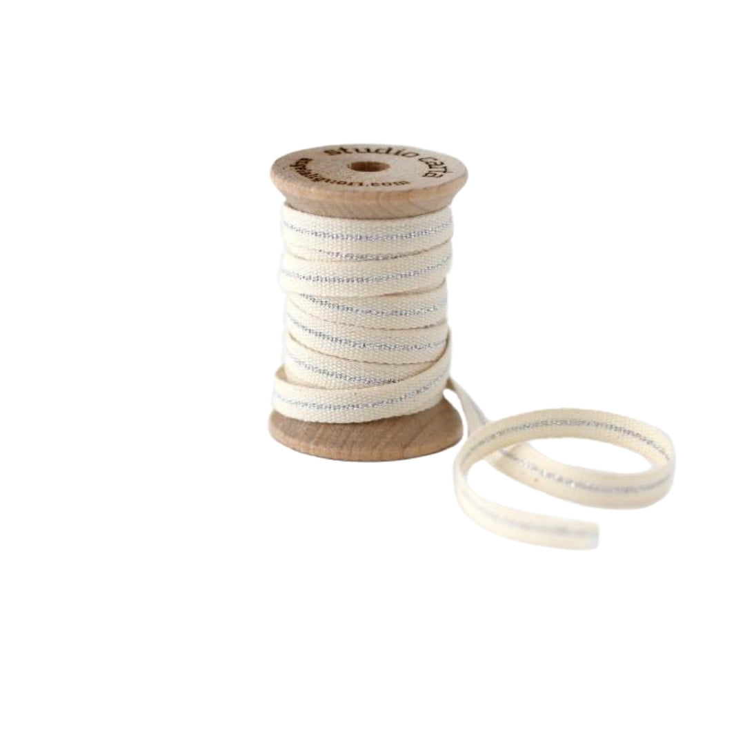 Thin Cotton Ribbon with Metallic Stripe - Ivory and Silver – Yozo Studio,  LLC