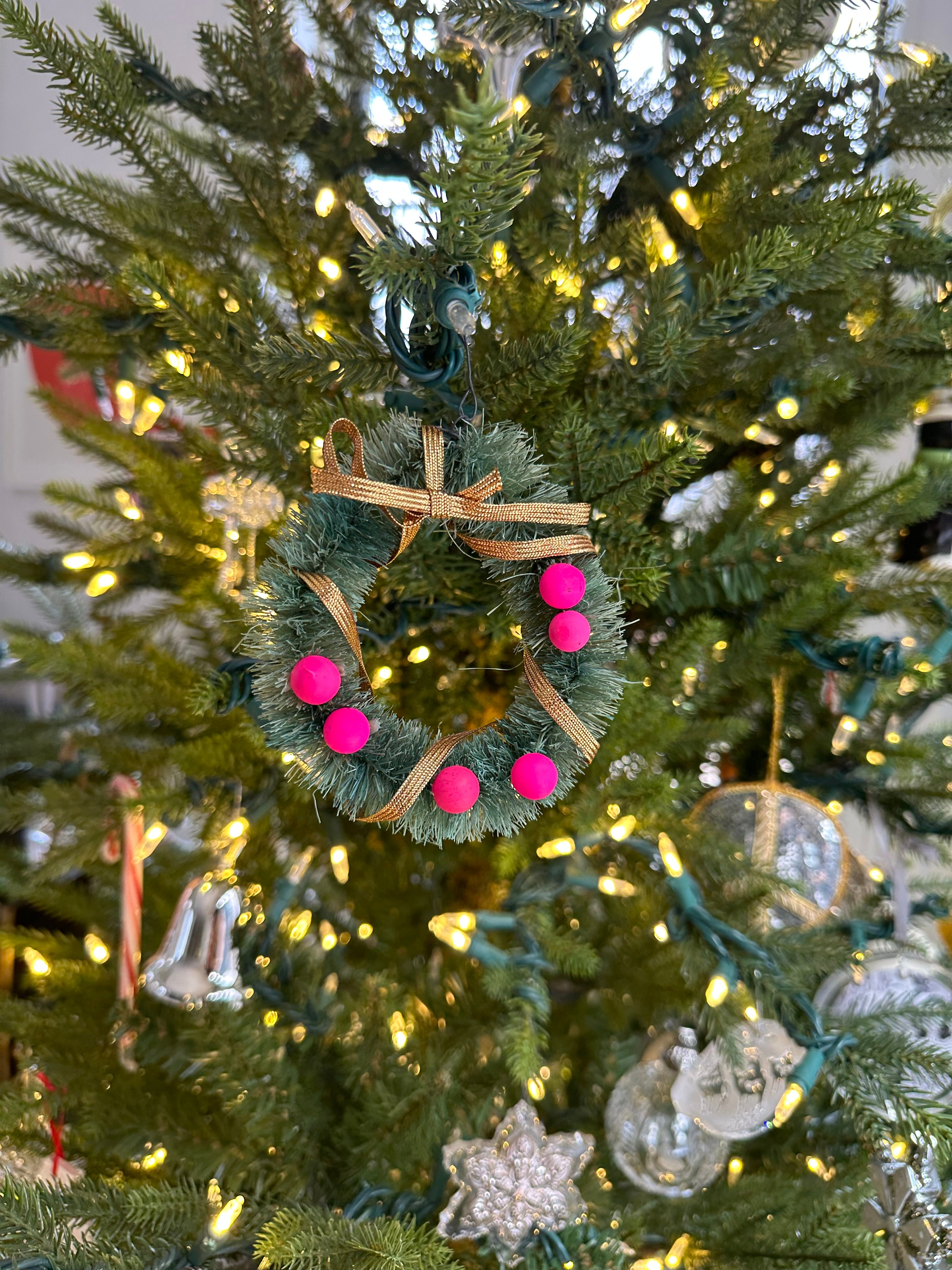 Vintage Bottle Brush Wreath with Pink Ball Ornaments and Gold Ribbon