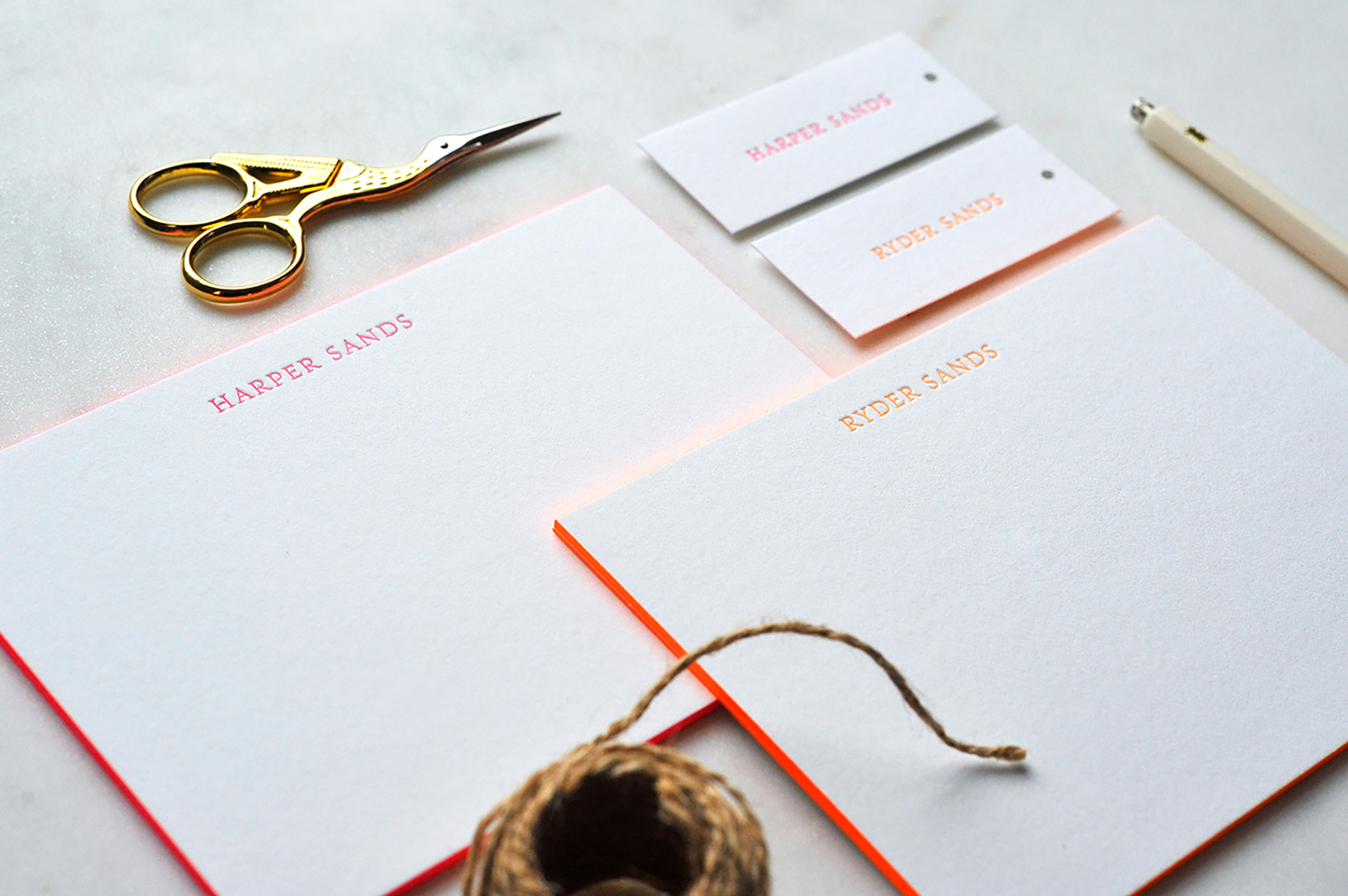 personal gift tags and letterpress stationery on thick paper with painted edges