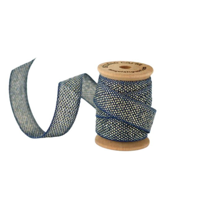 Navy and Gold Metallic Ribbon on Wood Spool, Yozo Studios