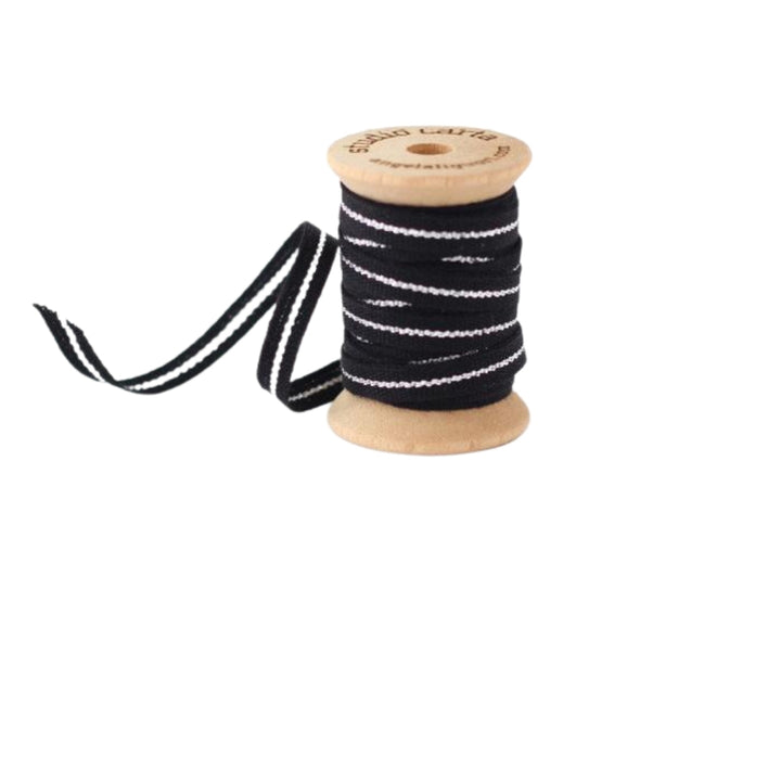 Thin Cotton Ribbon with Metallic Stripe - Black with Silver, Yozo Studio